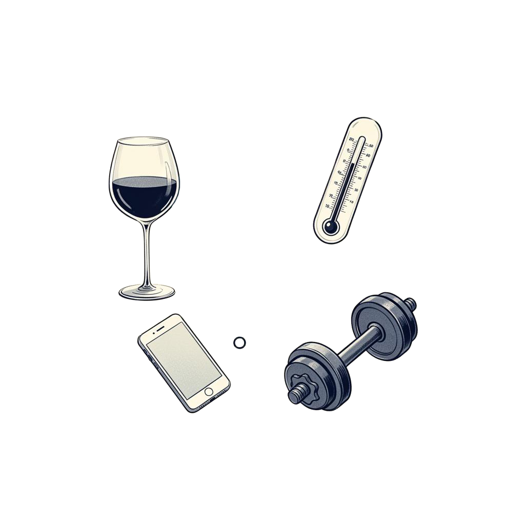 Floating illustration of recovery culprits: wine glass, thermometer, phone, dumbbell